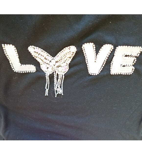 BLACK Knit SLEEVLESS Muscle Tank /T SHIRT with beaded Butterfly n LOVE patch - Picture 4 of 7